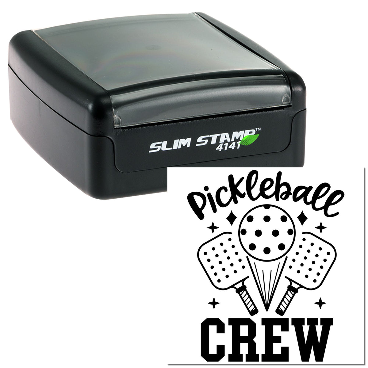 Black Slim Stamp 4141 self-inking stamp and custom pickleball crew seal design with paddle graphic on white background