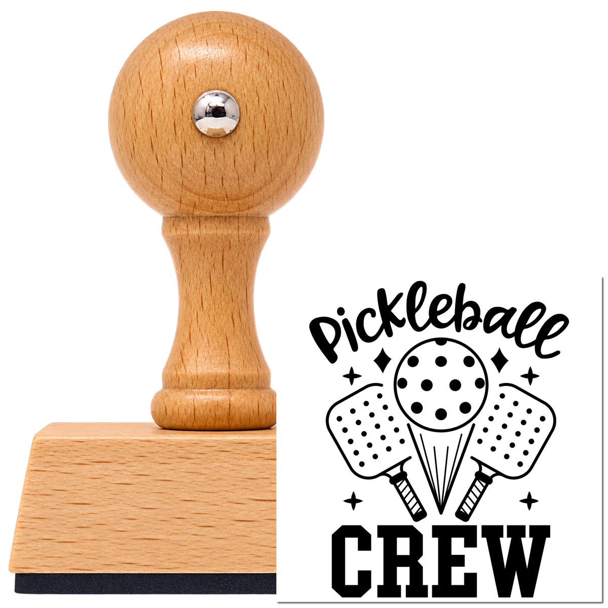 Vintage Pro beech wood stamp with a round knob handle, shown with its black Pickleball Crew Paddles Ball imprint on white.