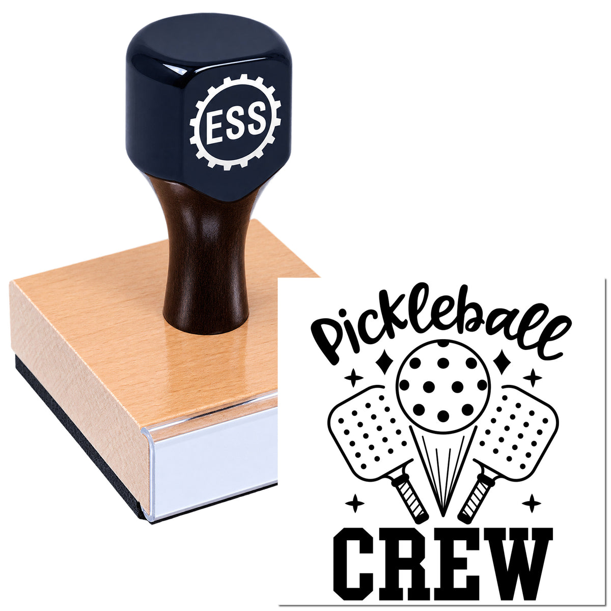 Dark navy custom stamp and seal with ESS logo on wooden block, plus black-and-white Pickleball Crew graphic.