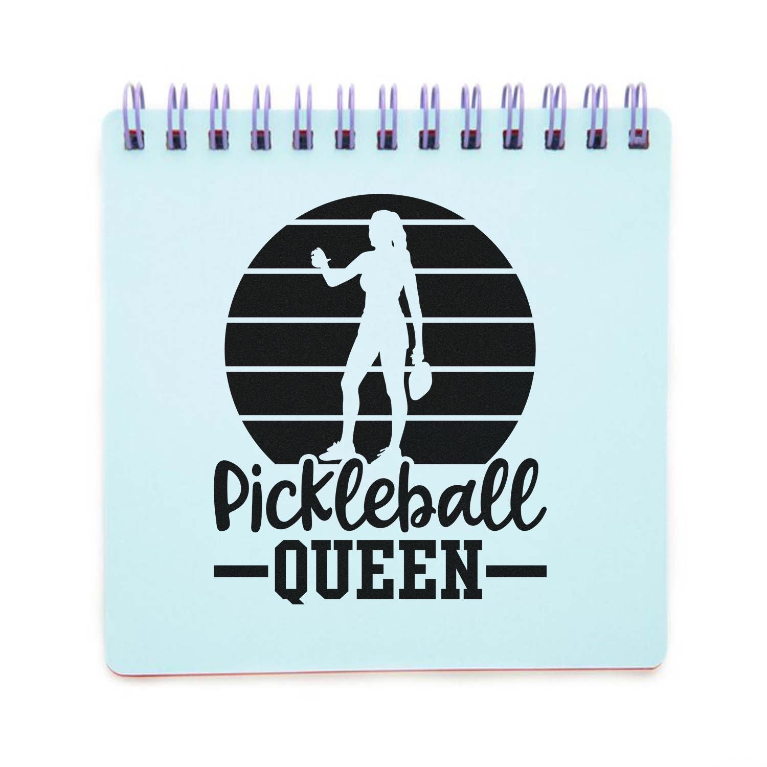 Light blue spiral-bound stamp and seal with black Pickleball Queen silhouette and bold text.