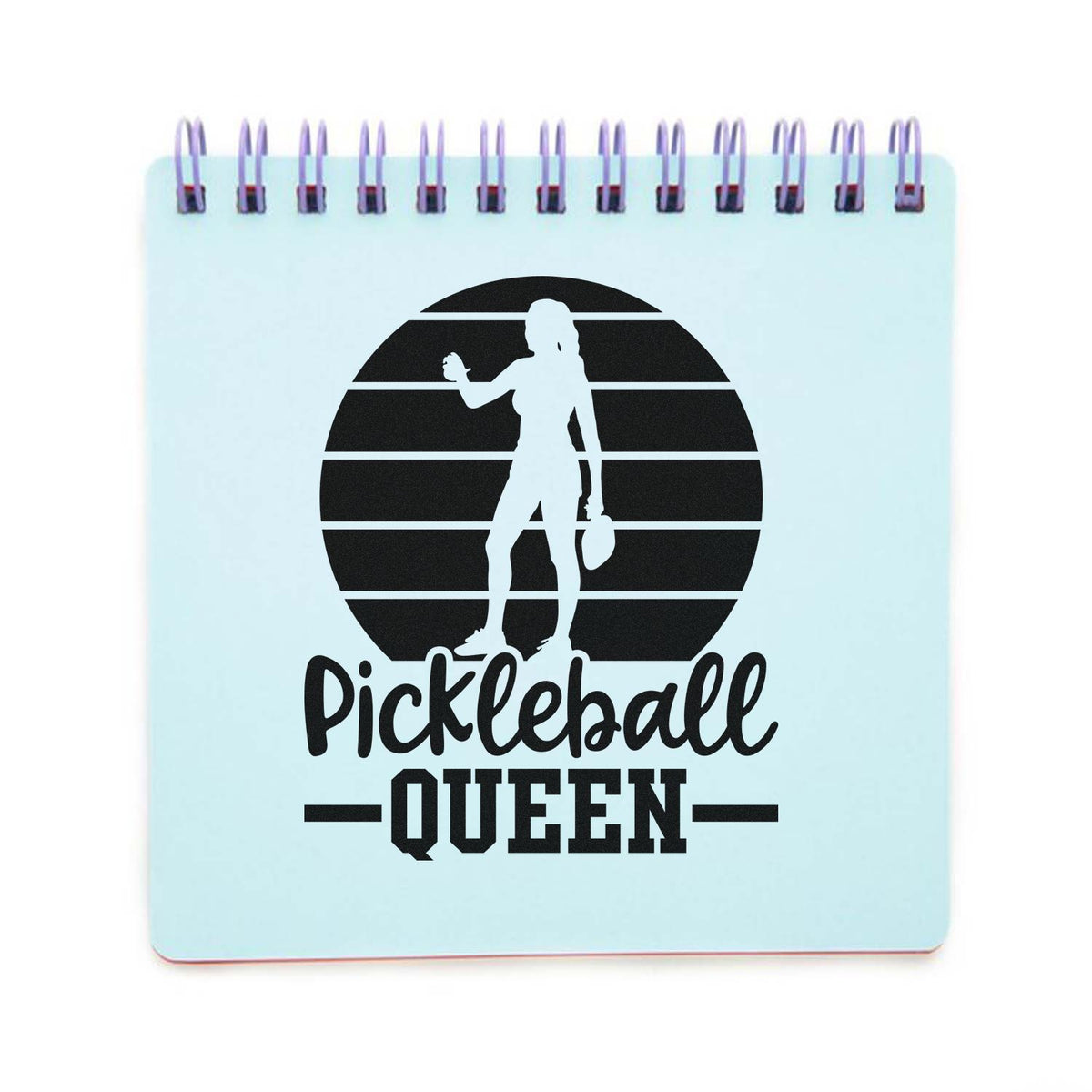 Light blue spiral notepad with black Pickleball Queen custom stamp and seal design.