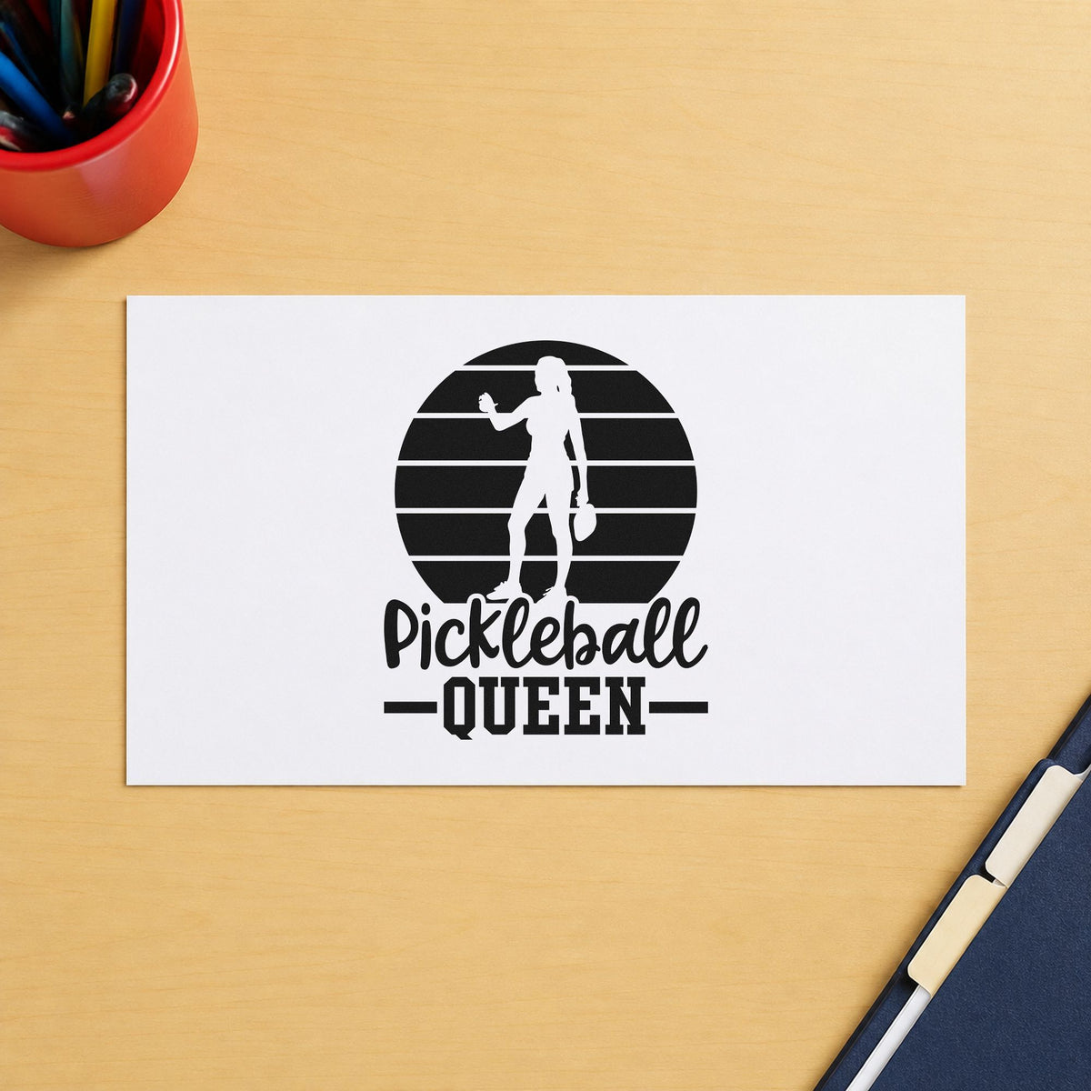 Pickleball Queen Player Silhouette craft stamp imprint in black ink on a handmade project, one idea being starter kit gift tags.