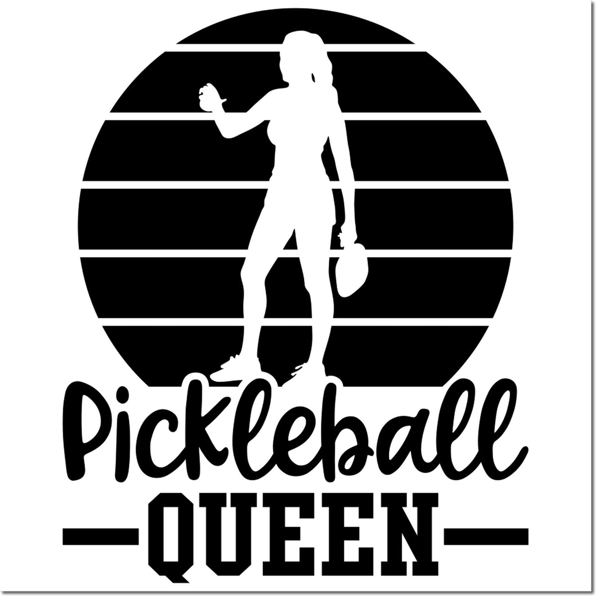 Black pickleball queen stamp seal with player silhouette, striped circle, and bold script and block text.