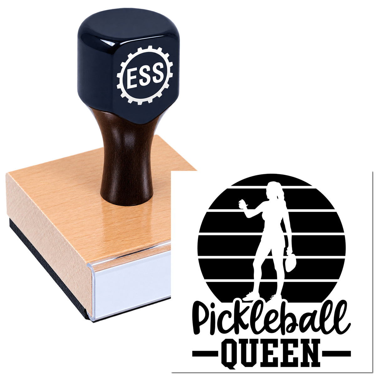 Navy ESS rubber stamp on wood base beside black-and-white Pickleball Queen seal design.
