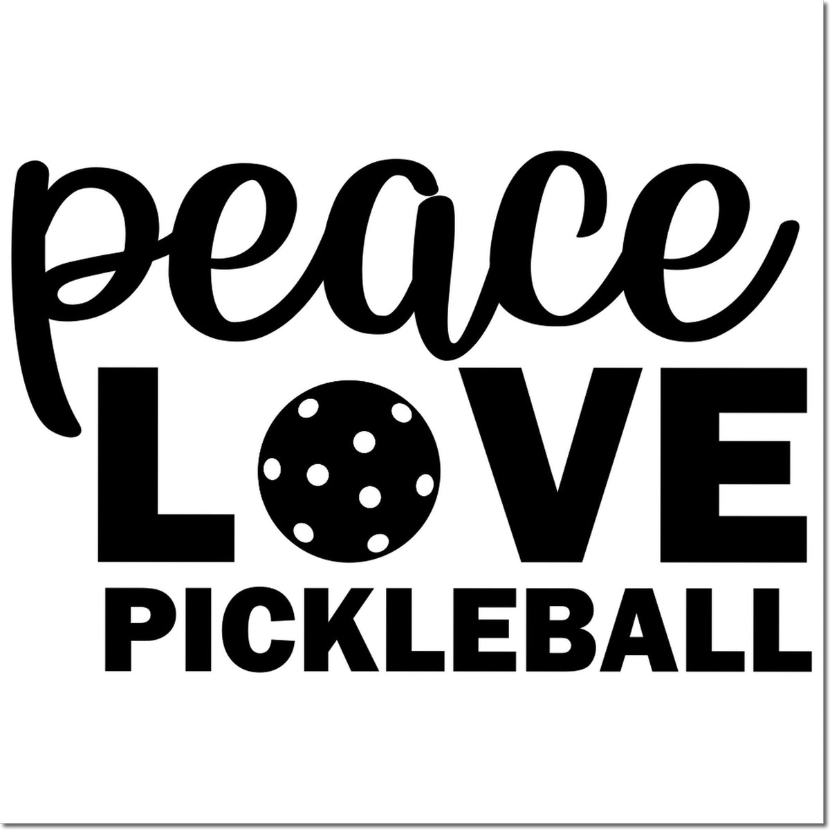 Black Peace Love Pickleball stamp design with a polka-dot pickleball graphic on a white background