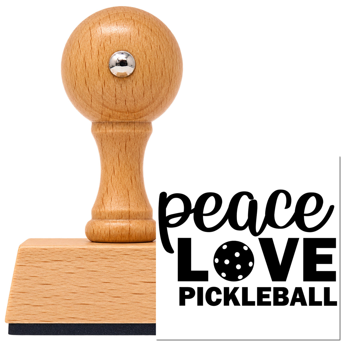 Vintage Pro beech wood stamp with a round knob handle, shown with its black Peace Love Pickleball Lettering imprint on white.