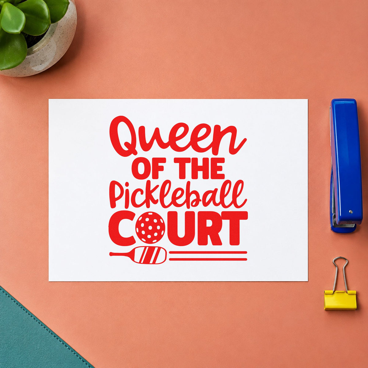 Queen Of Pickleball Court rubber stamp shown in red ink, stamped for projects such as bin kit labels.