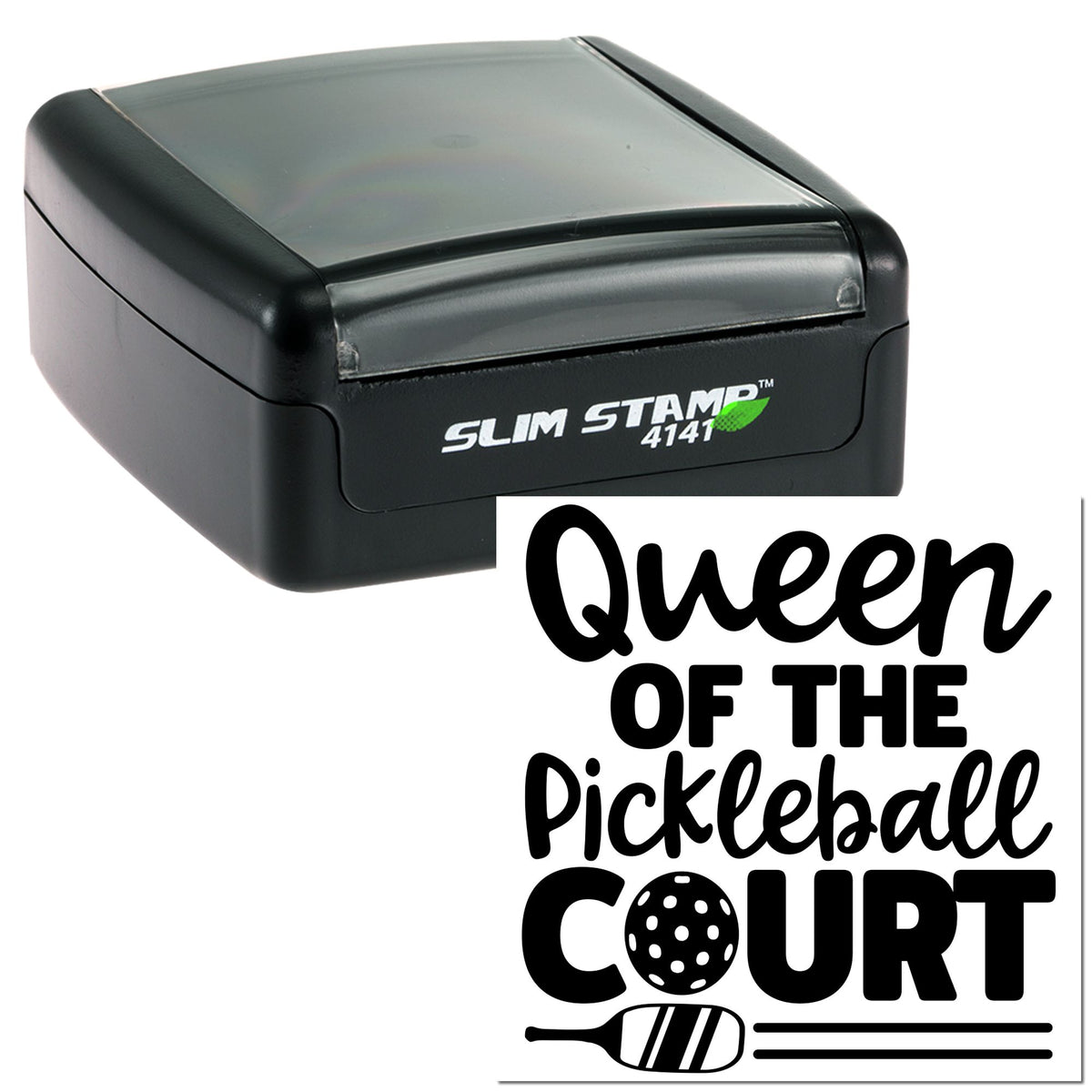 Black slim self-inking stamp/seal, model 4141, for a "Queen of the Pickleball Court" design with paddle and ball icons.