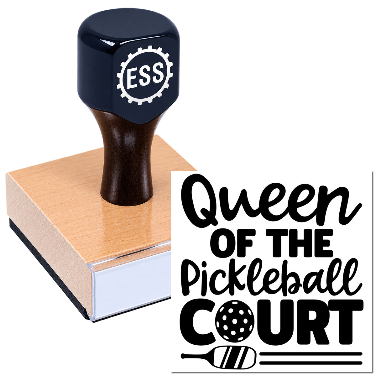 Black ESS rubber stamp and seal on pink pad with Queen of the Pickleball Court text and paddle graphic.