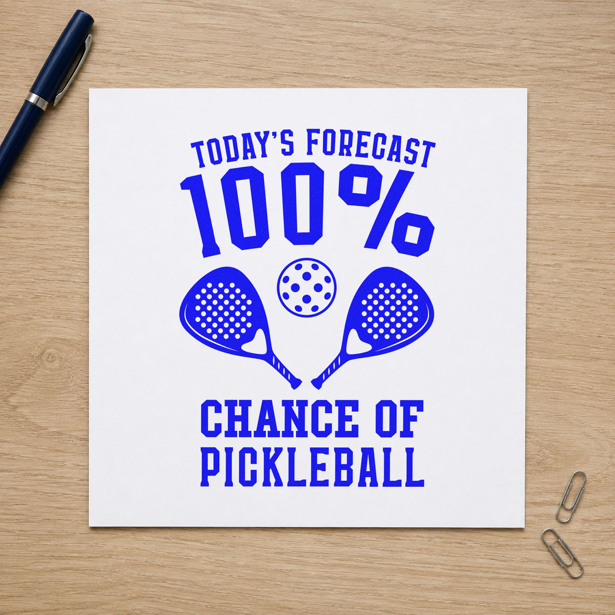 Pickleball Forecast Hundred Percent craft stamp imprinted in blue ink on paper, a design suited to framed court shed.