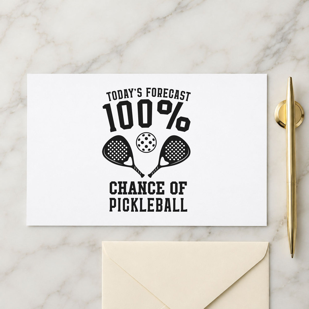 Pickleball Forecast Hundred Percent rubber stamp printed in black ink, ready for angled paddle cards and similar paper crafts.