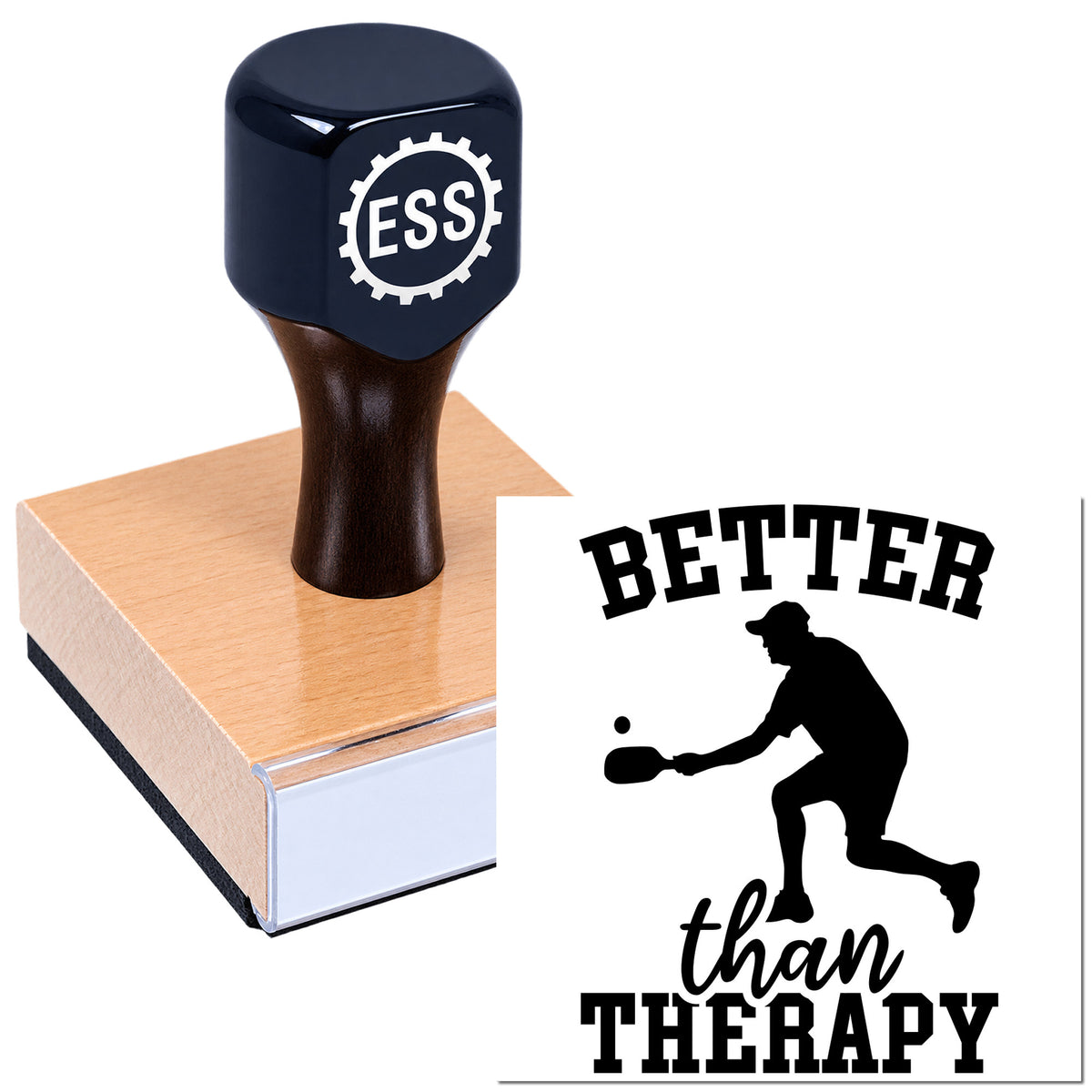 Black self-inking stamp with ESS gear logo on pink base, plus seal reading Better than Therapy with a baseball pitcher silhouette.