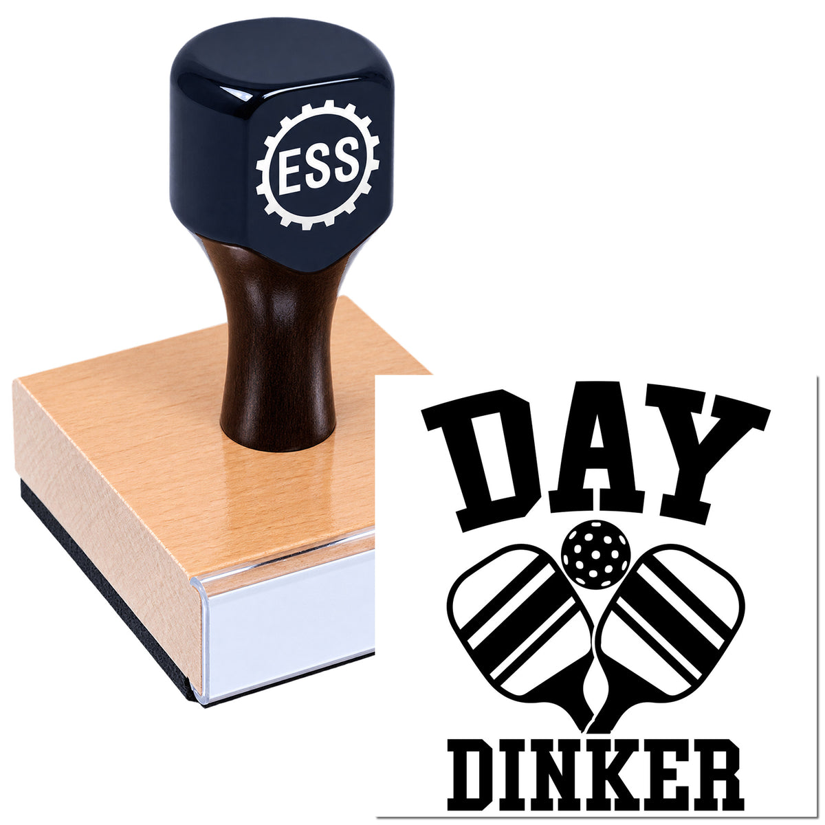 Black ESS stamp and seal on tan block, showing bold black "DAY DINKER" bowling-themed logo.