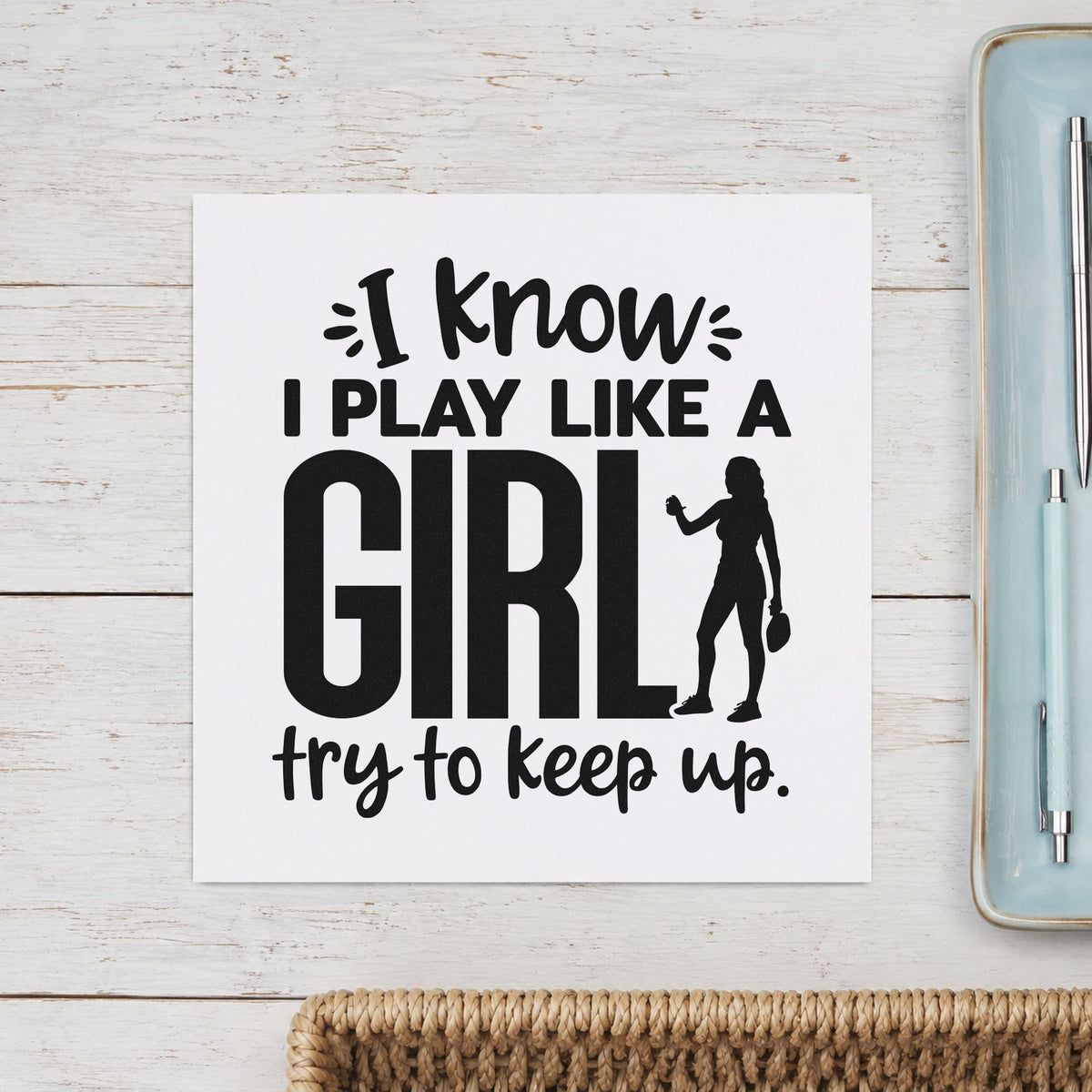 Play Like A Girl craft stamp imprint in black ink on a handmade project, one idea being squad kit gift tags.