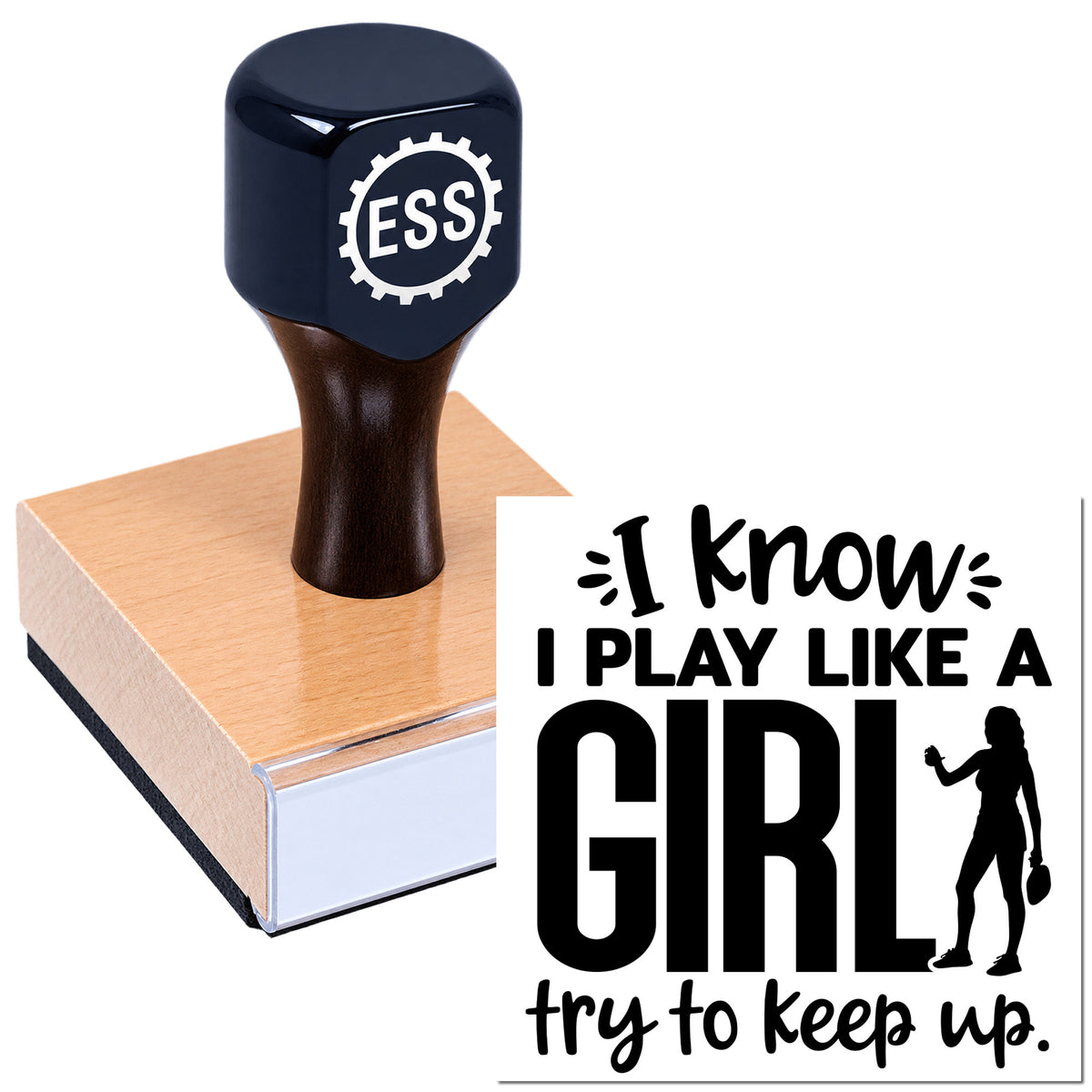 Navy custom rubber stamp with ESSI logo on a pink wooden base beside bold black seal text, "I know I play like a girl."