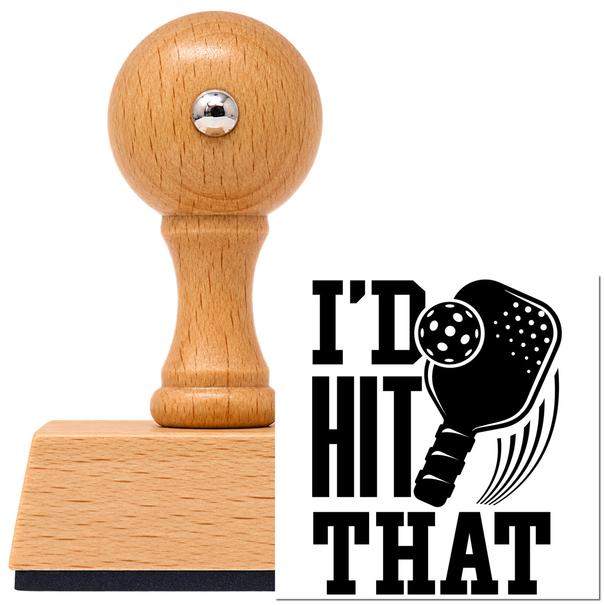 Vintage Pro beech wood stamp with a round knob handle, shown with its black I Would Hit That Paddle imprint on white.