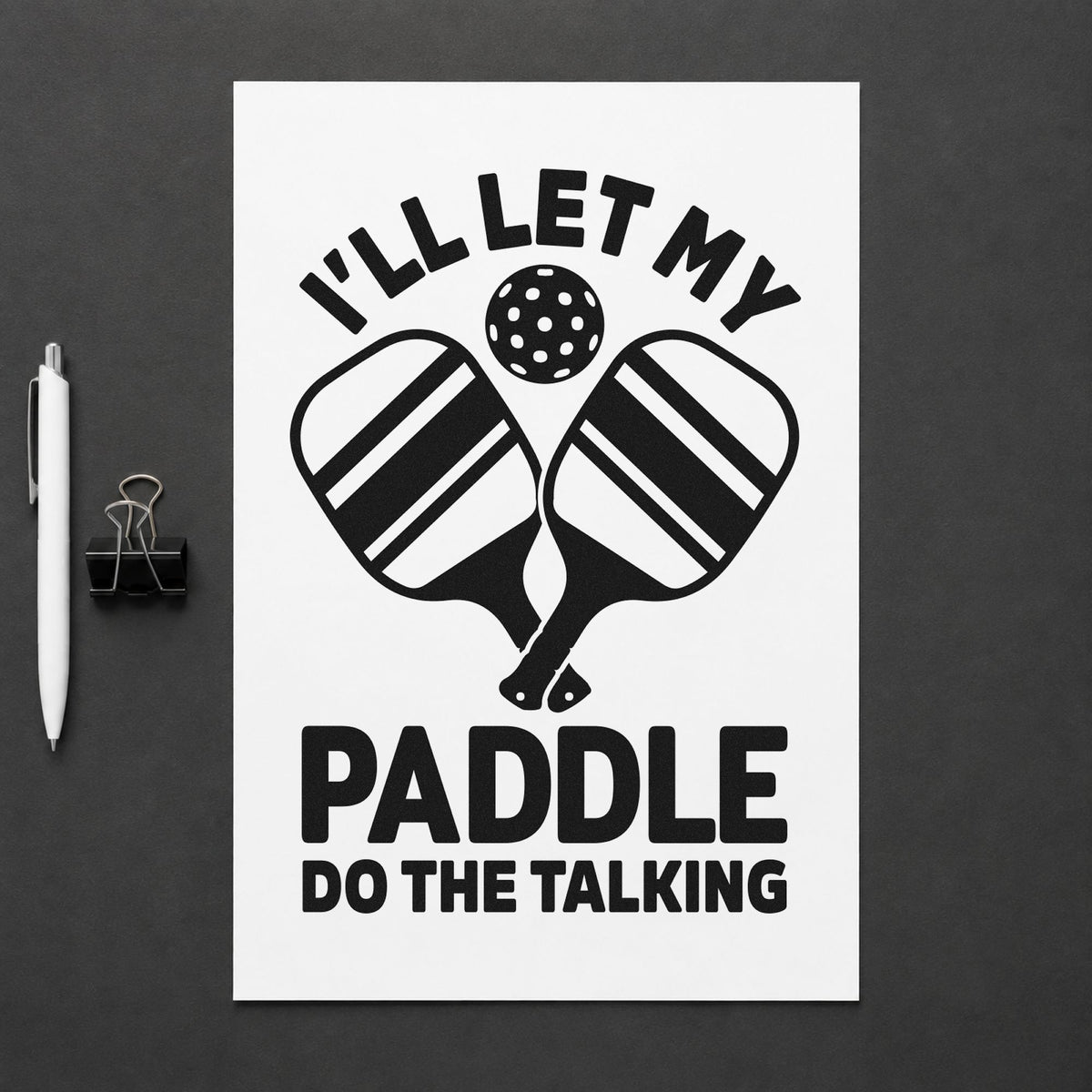 Let Paddle Do Talking rubber stamp printed in black ink, ready for job queue sheet and similar paper crafts.