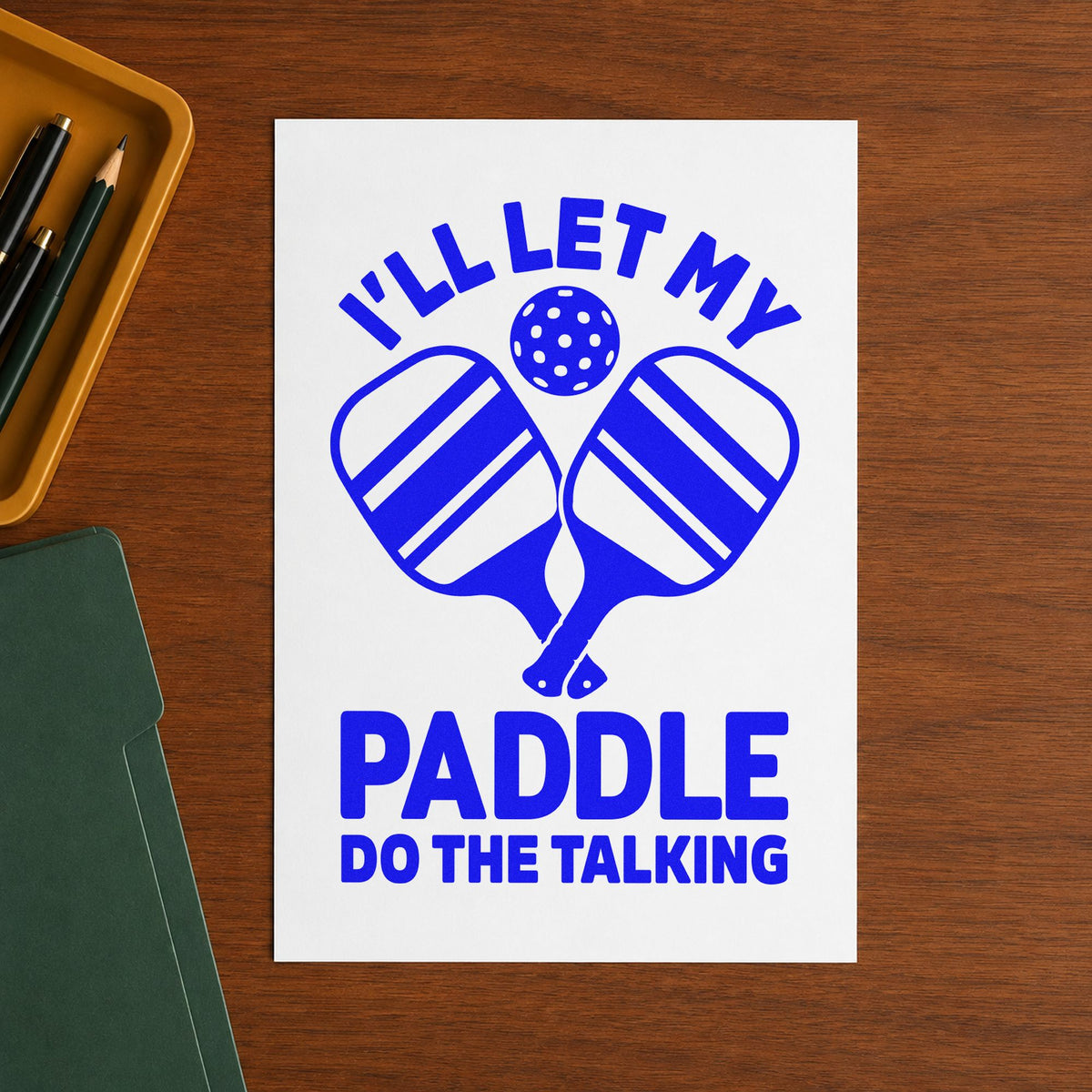 Let Paddle Do Talking craft stamp in blue ink on cardstock, an easy option for work cloth printing.