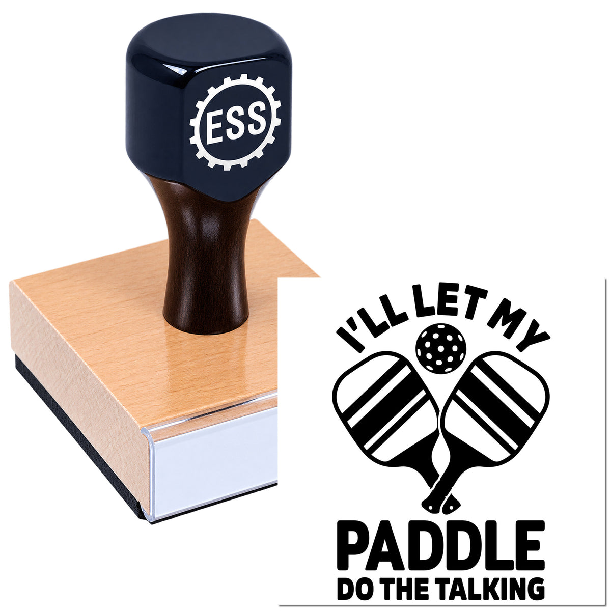 Black ESSI stamp and seal on a wood block, with a paddle logo and "I'll let my paddle do the talking" design.
