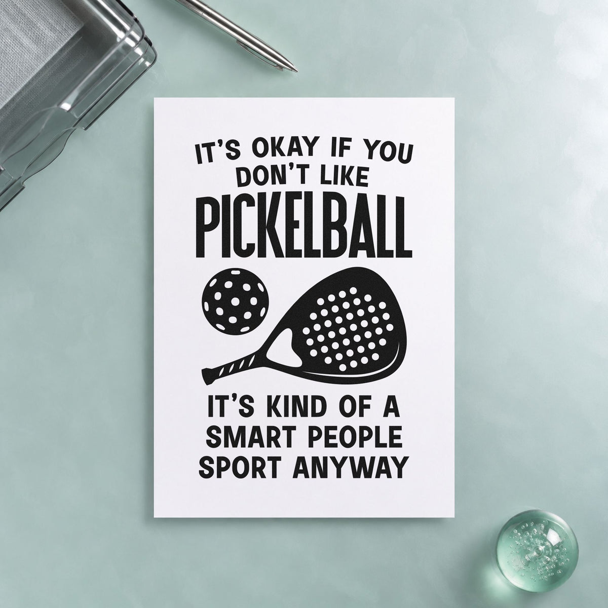 Pickleball Smart People Sport craft stamp imprint in black ink on a handmade project, one idea being loser buys gift tags.