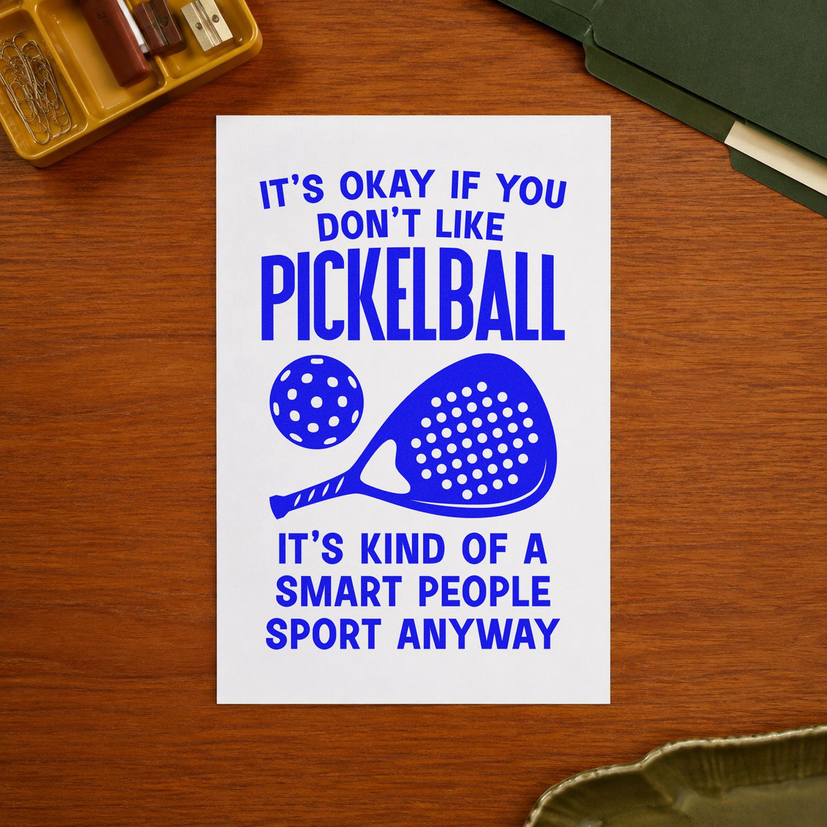 Pickleball Smart People Sport craft stamp in blue ink on cardstock, an easy option for court towel printing.