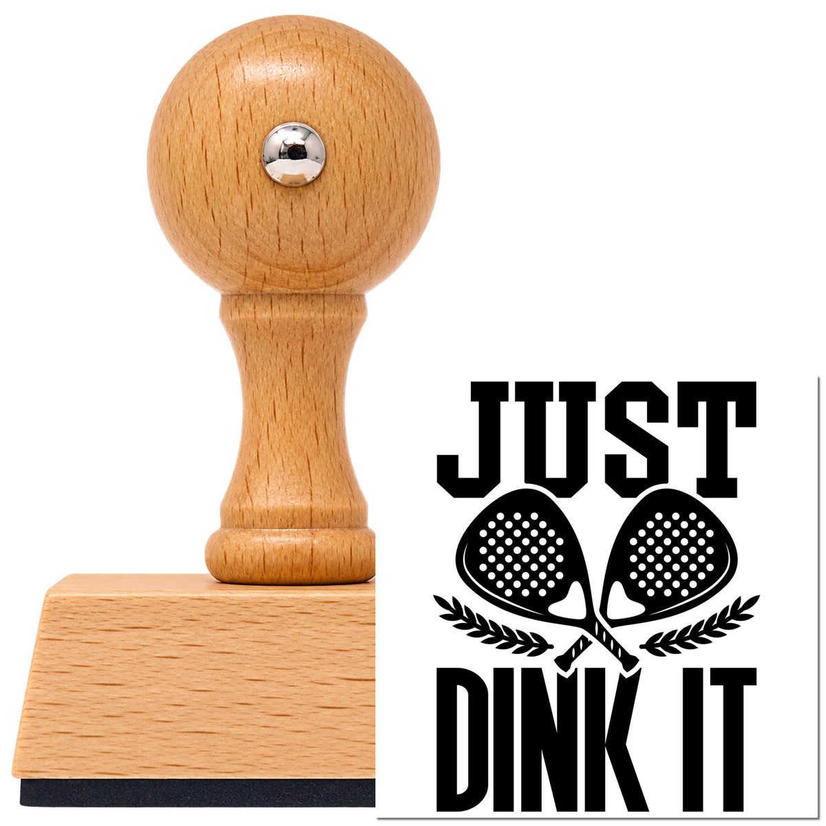 Vintage Pro beech wood stamp with a round knob handle, shown with its black Just Dink It Laurels imprint on white.