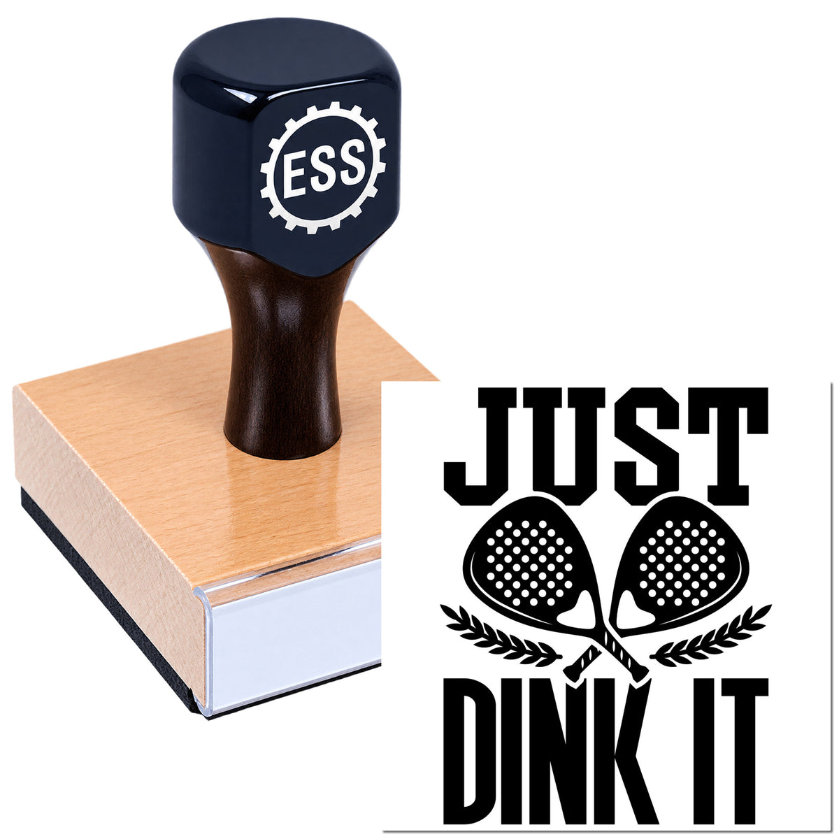 Navy blue custom stamp and seal on tan block, with ESS logo and black Just Dink It tennis graphic.