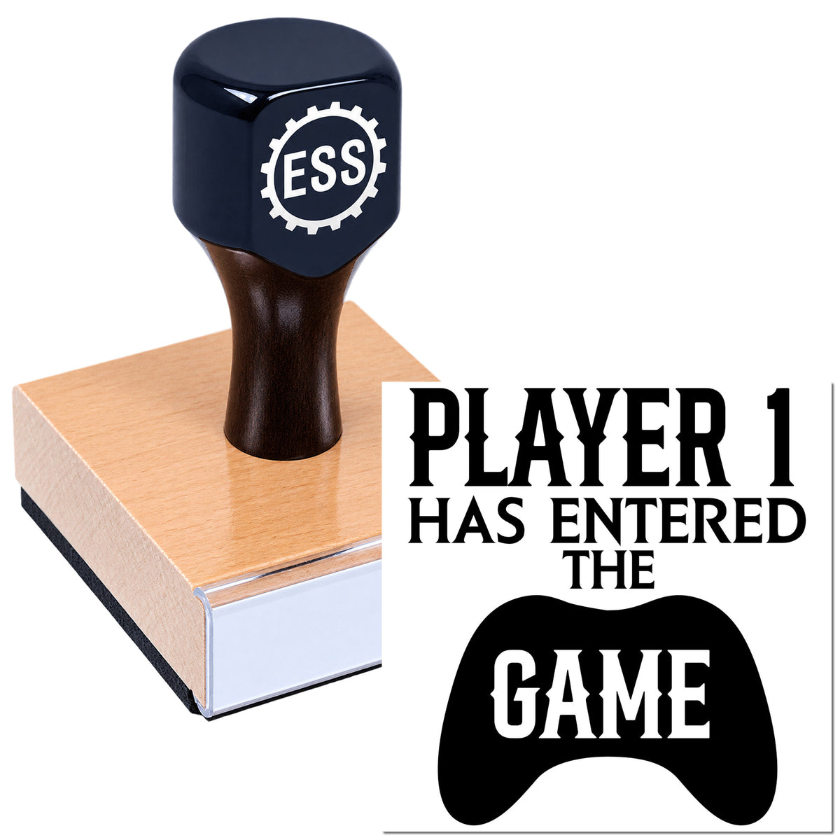 Black ESSI stamp seal on a copper-colored base, showing "Player 1 Has Entered the Game" gaming stamp design.