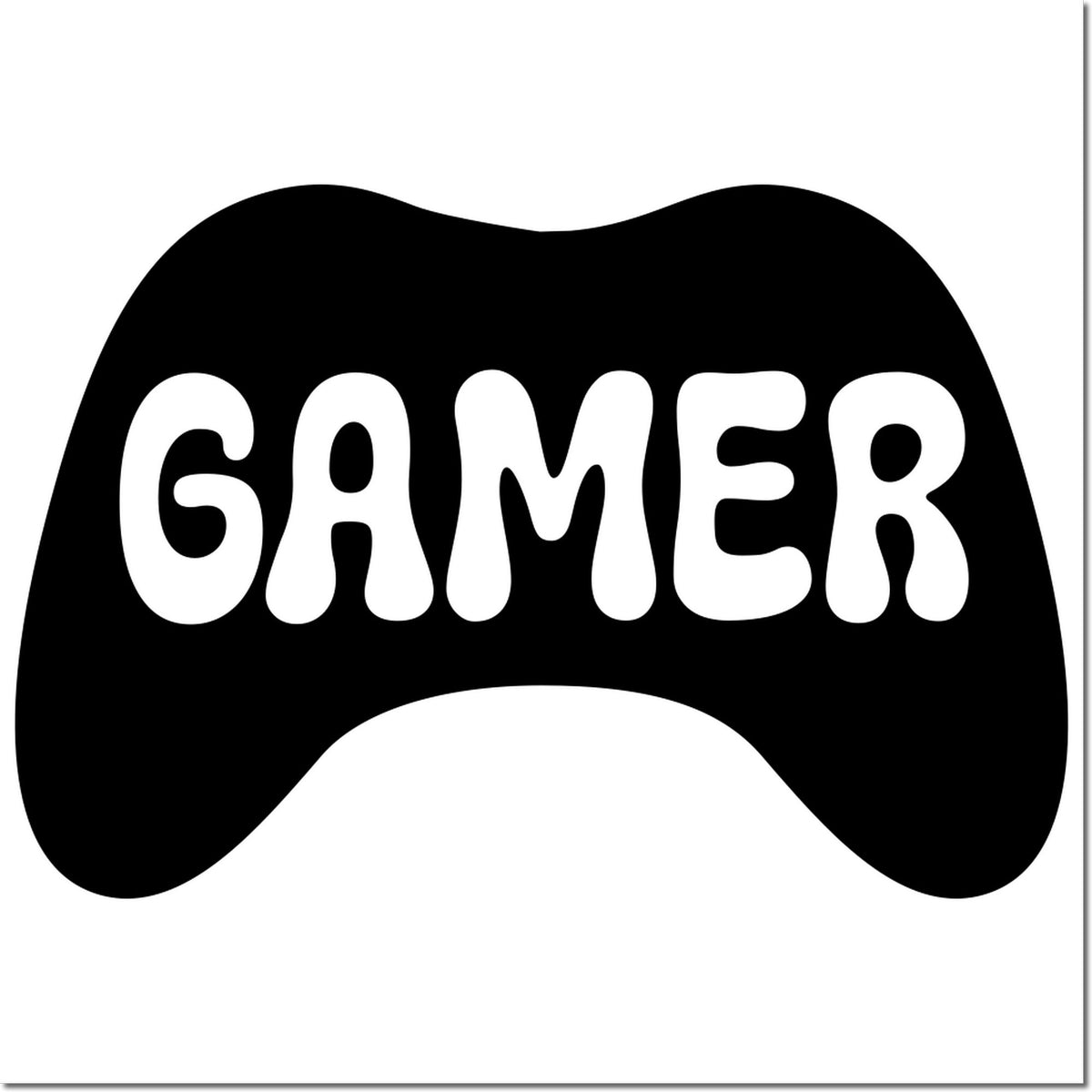 Black gamer-themed rubber stamp seal with bold white GAMER text on a curved black design