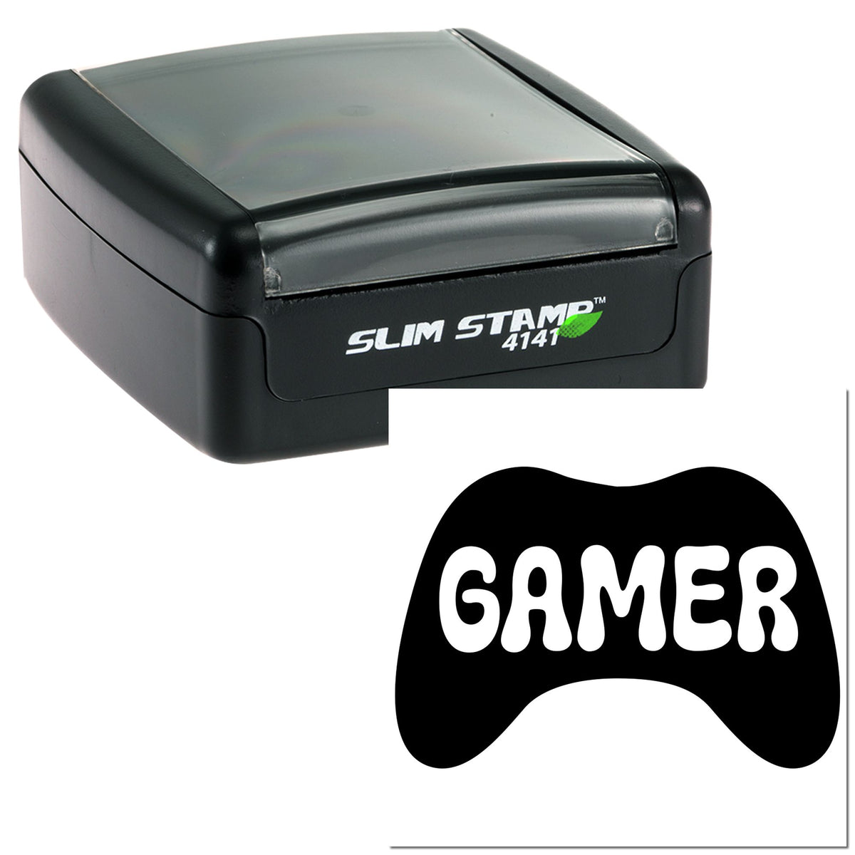 Black Slim Stamp 4141 self-inking stamp and gamer gamepad seal impression on white background.