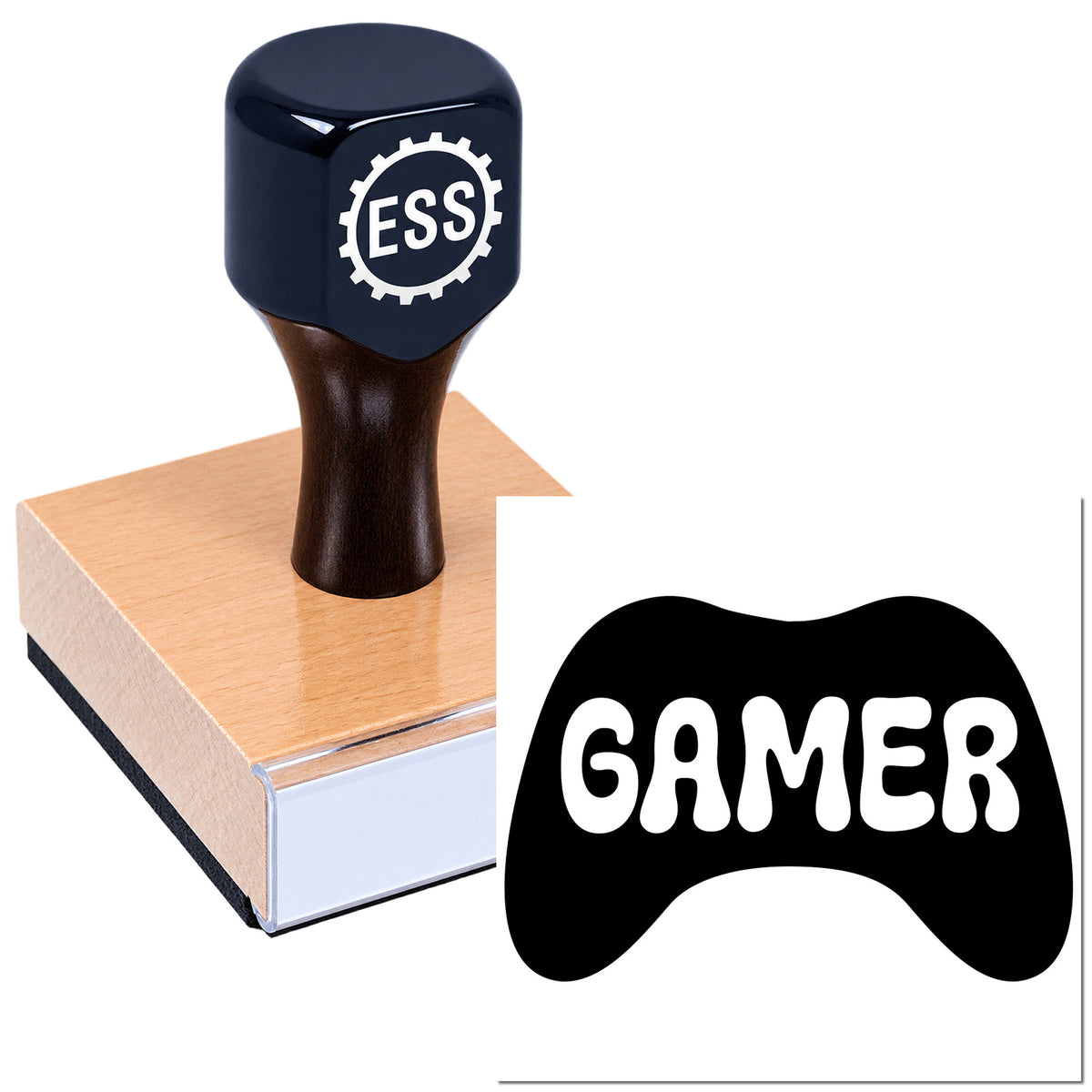 Black custom ESS rubber stamp on a pink seal block with a gamer logo icon