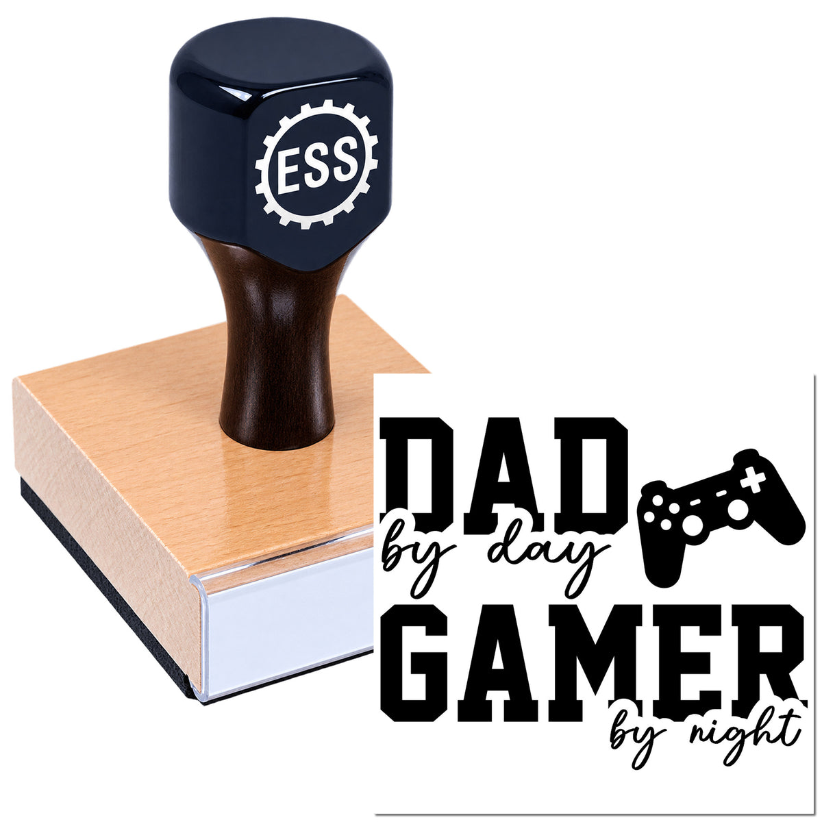 Navy custom stamp and seal on wooden block with ESS logo, "dad by day gamer by night" text, and game controller.