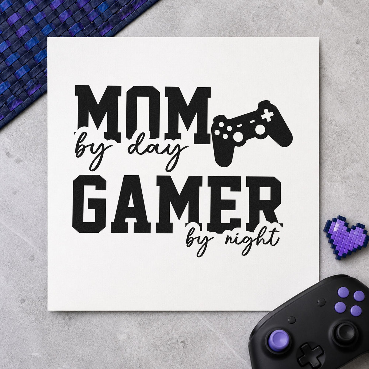 Mom Day Gamer Night craft stamp imprint in black ink on a handmade project, one idea being present gift tags.