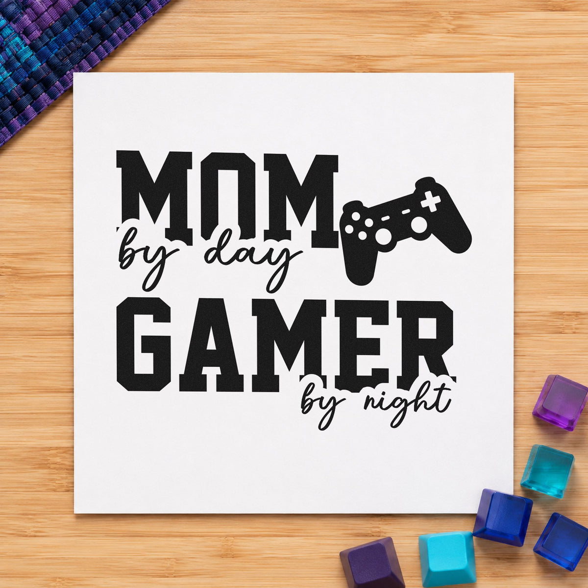 Mom Day Gamer Night rubber stamp printed in black ink, ready for play plan sheet and similar paper crafts.