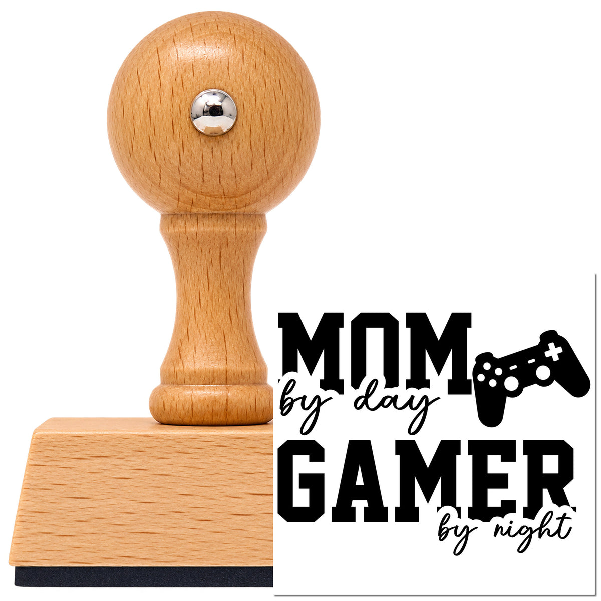 Vintage Pro beech wood stamp with a round knob handle, shown with its black Mom Day Gamer Night imprint on white.
