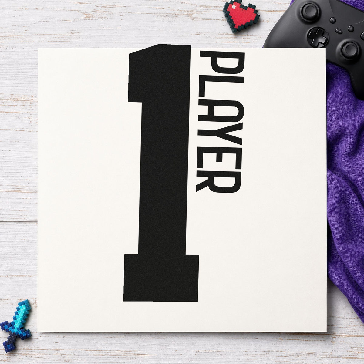 Player One Bold Number craft stamp in black ink on cardstock, an easy option for shared room album page.