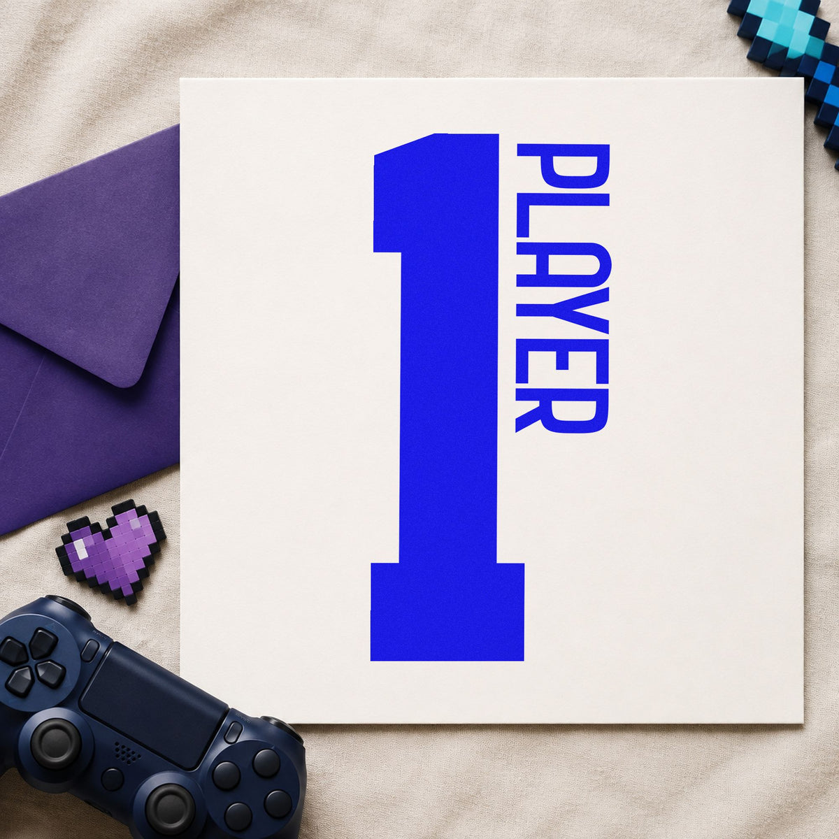 Player One Bold Number craft stamp imprinted in blue ink on paper, a design suited to framed bunk wall.