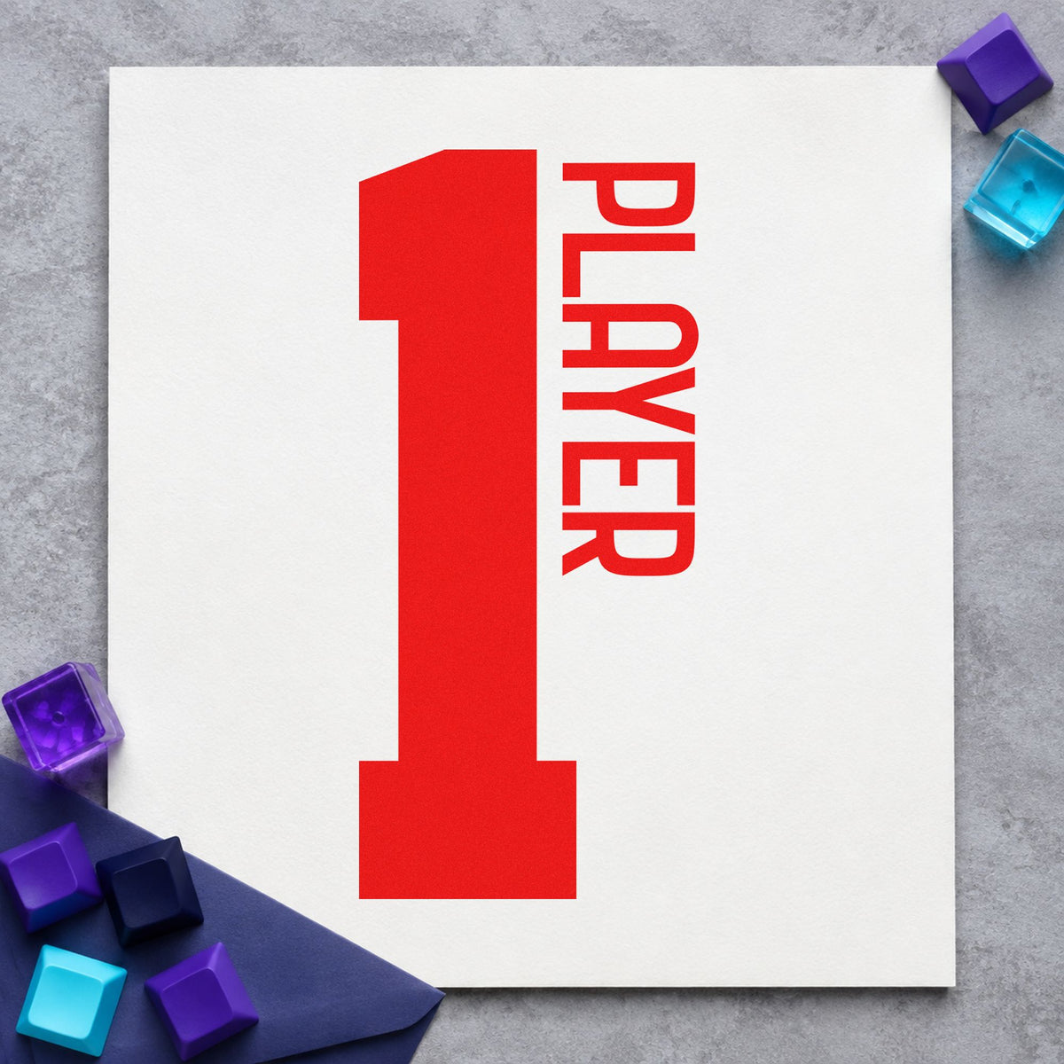 Player One Bold Number rubber stamp shown in red ink, stamped for projects such as bin owner labels.