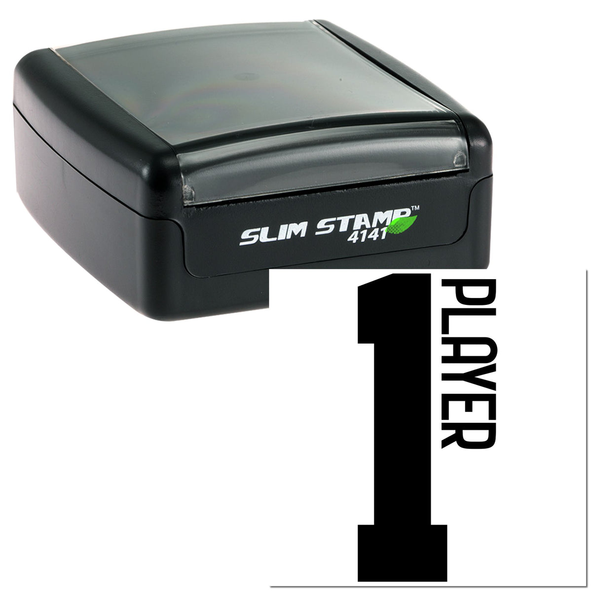 Black Slim Stamp 4141 self-inking stamp with translucent gray lid and bold black Player 1 seal.