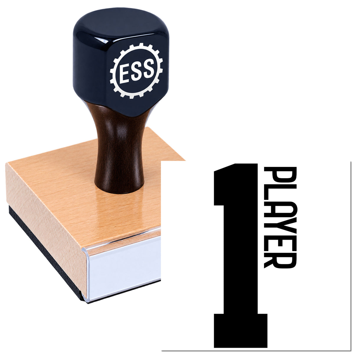 Black ESS rubber stamp on a pink wooden seal block, with large black 1 and PLAYER text on white.