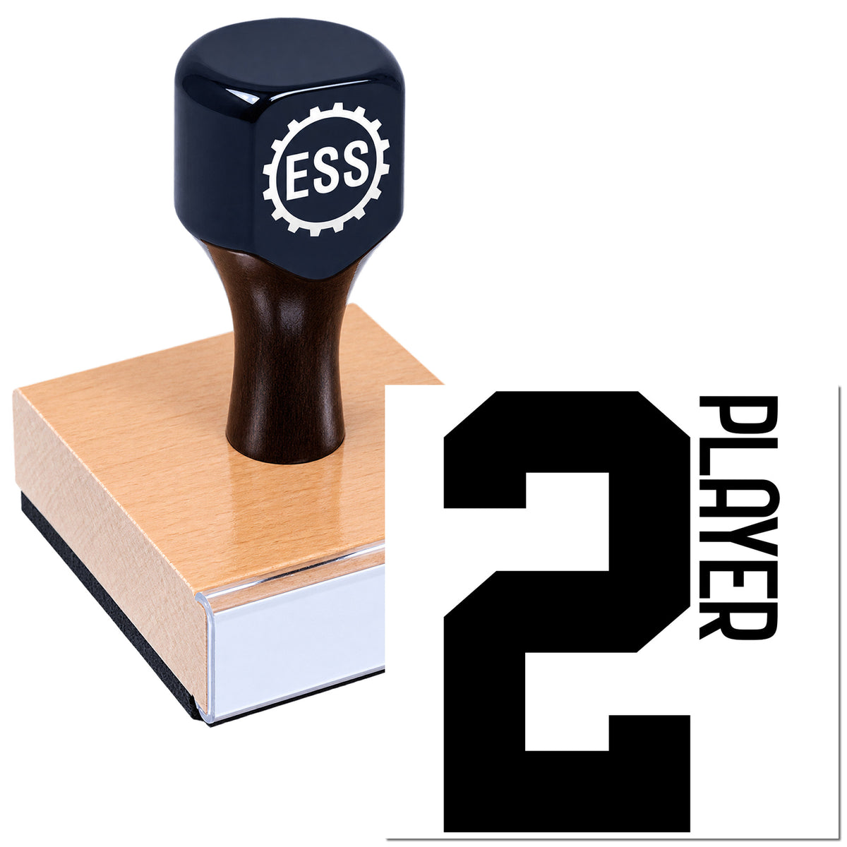 Black ESSI stamp and seal on a copper-colored block with a white background and bold Player 2 text.