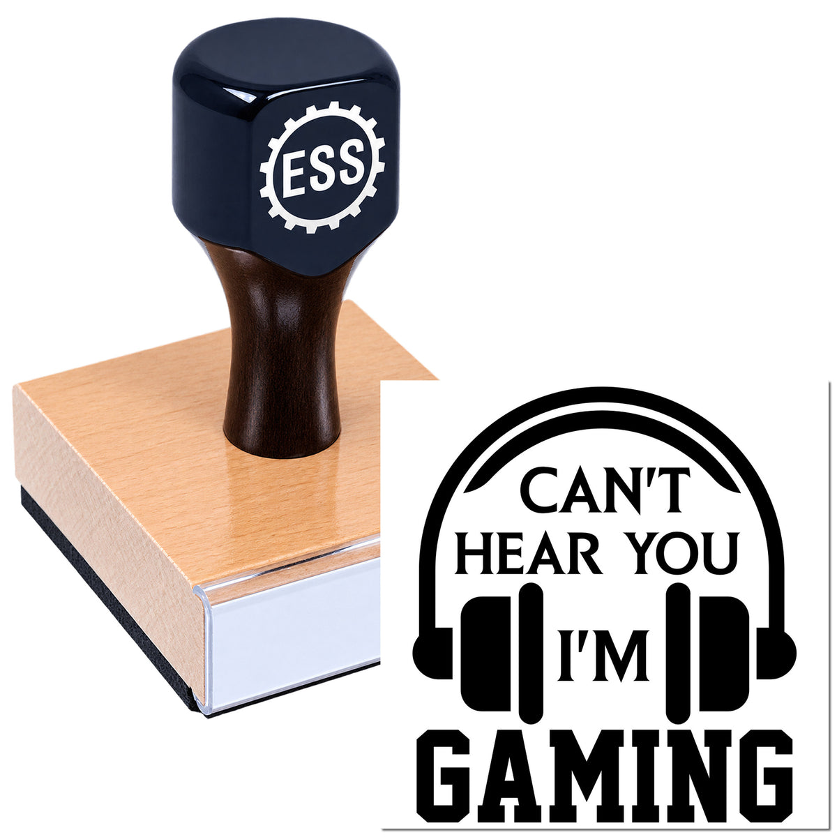 Black ESSI custom rubber stamp on a wooden block with a "Can't Hear You I'm Gaming" headphone seal design.