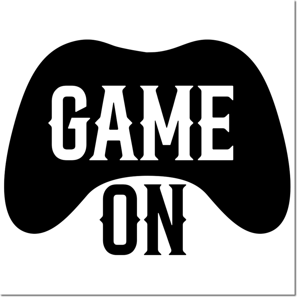 Black-and-white GAME ON stamp seal in bold white letters inside a black game controller shape.