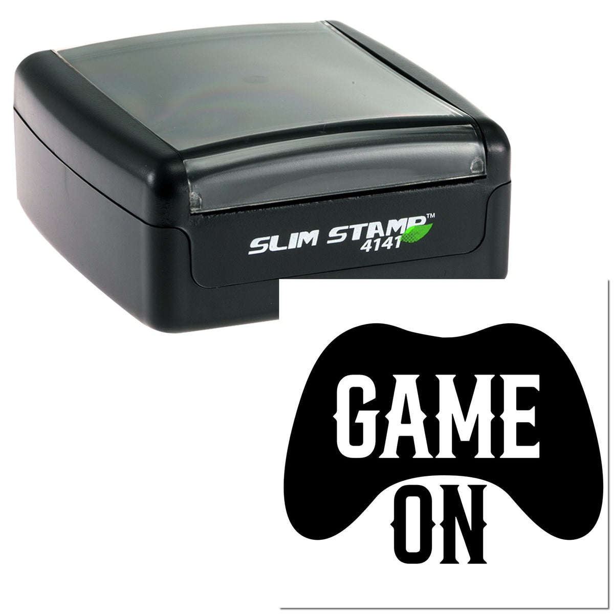 Black slim self-inking stamp and game controller-shaped seal with white GAME ON text on black and gray casing.