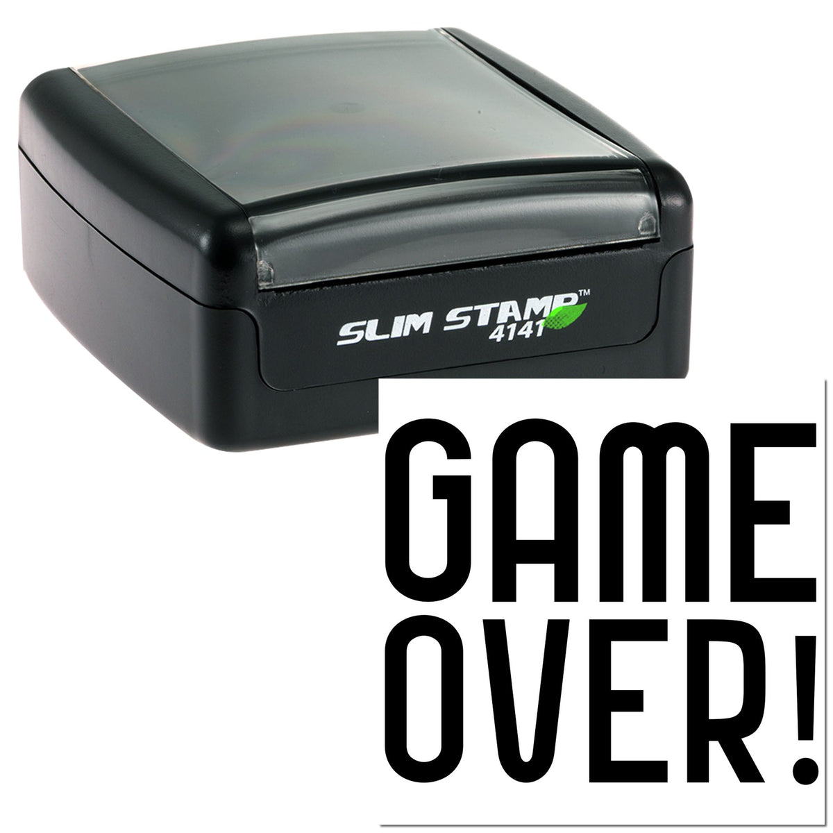 Black Slim Stamp 4141 self-inking stamp with gray cap and bold GAME OVER! seal imprint.