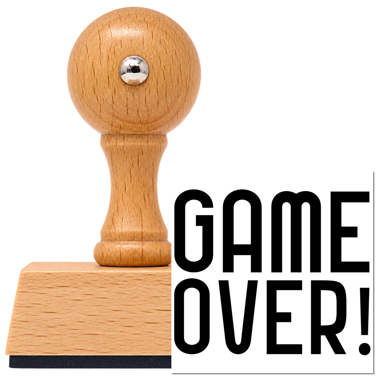 Vintage Pro beech wood stamp with a round knob handle, shown with its black Game Over! imprint on white.