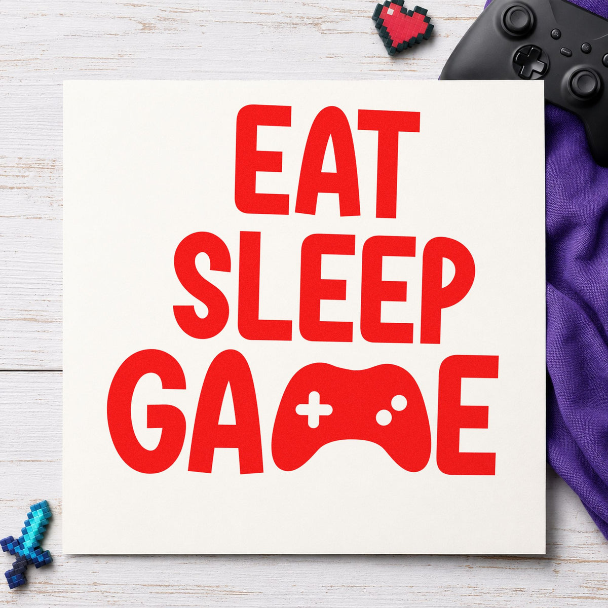 Eat Sleep Game Controller rubber stamp shown in red ink, stamped for projects such as bin snack labels.