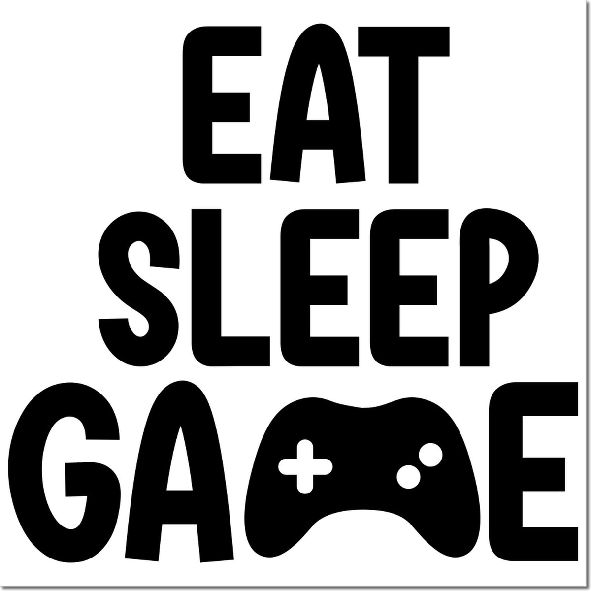Black EAT SLEEP GAME seal stamp design with bold letters and a game controller icon on a white background.