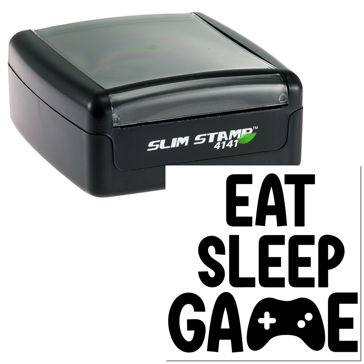 Black self-inking stamp and seal with gray top, featuring EAT SLEEP GAME and a game controller icon.