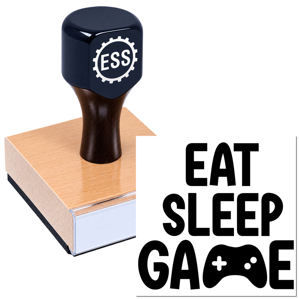 Black wooden stamp seal with ESS logo, showing EAT SLEEP GAME and a game controller icon.